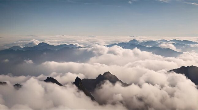 aerial view flying high over clouds revealing beautiful landscape with mountains
