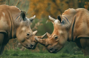 Poster Two rhinos touching horns in green grass © Kien