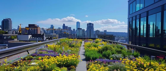 Foto op Aluminium Green roof gardening demo, Earth Day urban greening, rooftop oasis, city skyline view © TheFlyingWeed