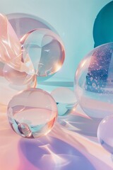 Colorful translucent spheres and shapes on gradient background. Soft, pastel-colored spheres with varying opacity overlap on a smooth blue to pink gradient backdrop, creating a dreamy, ethereal vibe - 771234143