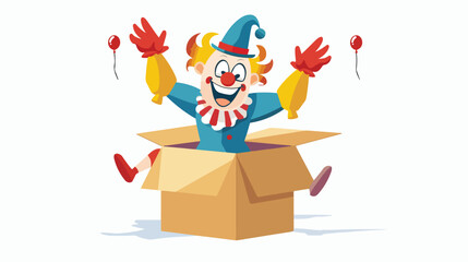 Cartoon clown jumping out of the box Flat vector isolated
