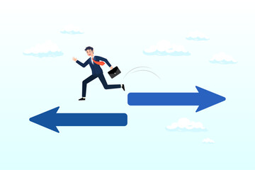 Businessman change from arrow sign to other direction, change career, decide to go different path or direction, challenge to find new way or opportunity, progress to other choice or journey (Vector)
