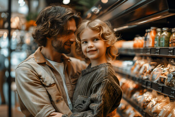 Happy family shopping at a grocery store chooses food items, fresh vegetables and fruits. 