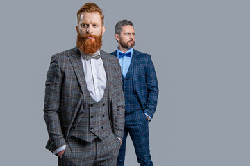 Tuxedo men wear menswear fashion. Elegant men in formalwear with bowtie. Two businessmen at...