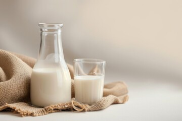 A glass and bottle of milk of milk on brown napkin and a white background