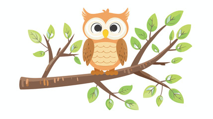 Cartoon funny owl on tree branch Flat vector