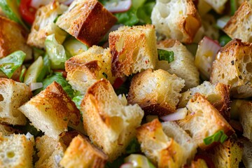 A digital rendering of a close-up of fresh crispy croutons in a Panzanella salad - obrazy, fototapety, plakaty