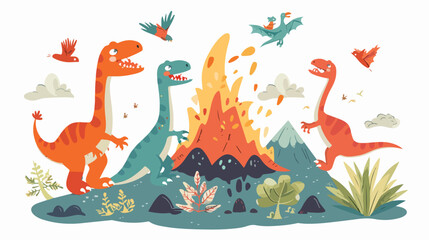 Cartoon happy dinosaurs with volcano Flat vector 