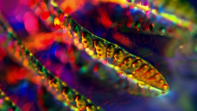 A vibrant image of chloroplasts in a plant leaf with colorful light filtering through and highlighting their existence. . AI generation.