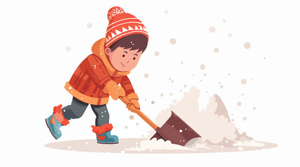 Cartoon little boy in winter clothes shoveling snow F