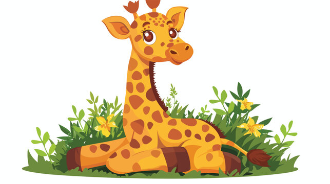 Cartoon little giraffe sitting in the grass Flat Vector