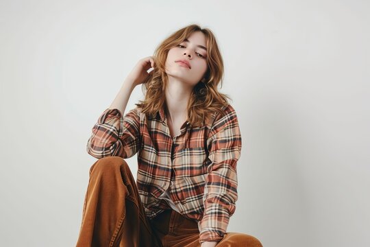 Pretty Young Woman in Plaid Button-Up Shirt and Corduroy Pants photo on white isolated background