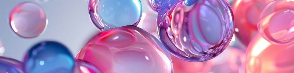 Colorful translucent spheres and shapes on gradient background. Soft, pastel-colored spheres with varying opacity overlap on a smooth blue to pink gradient backdrop, creating a dreamy, ethereal vibe