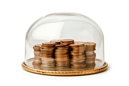 Stack of coins protected under glass dome on white background. Money and savings safety concept