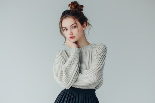 Pretty Young Woman in Pleated Midi Skirt and Fitted Sweater photo on white isolated background