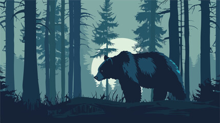 Bear in the night forest vector illustration flat Vector