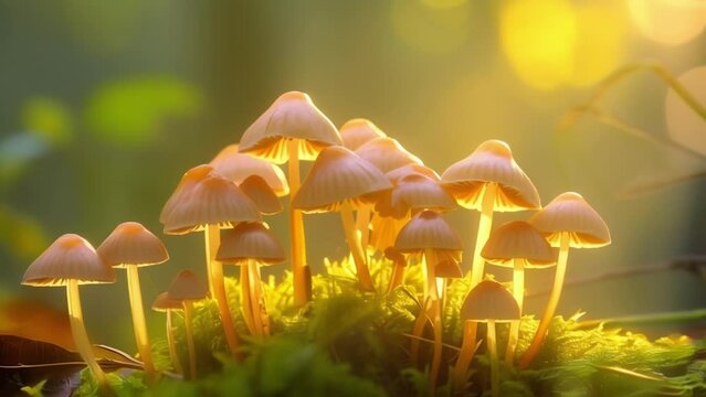 A group of tiny mushrooms their caps aglow with sunlight and creating a scene reminiscent of a fairytale.