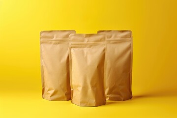 Brown kraft paper doypack bags with groceries front view on a yellow background.