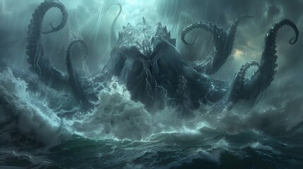 Leviathan Rising: Monumental Sea Monster Emerging Amidst a Turbulent Ocean Storm - obrazy, fototapety, plakaty
