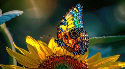 A vibrant butterfly delicately perched on the petals of a blooming sunflower.