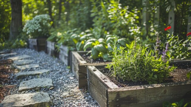Wooden raised beds neatly arranged with rows of aromatic herbs.