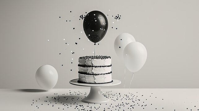 A black and white minimalistic image of a cake and balloons.