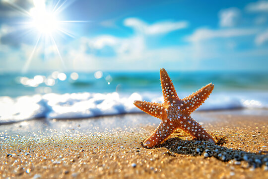 photo starfish on summer sunny beach at ocean