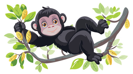 Cartoon Cute baby gorilla climbing tree flat vector isolated