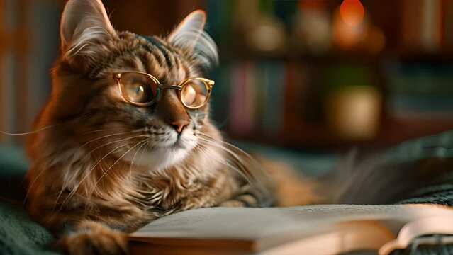 a fluffy cat wears glasses reading a book,generative ai