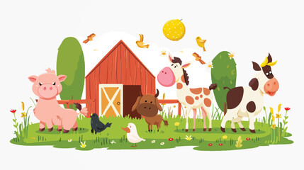 Cartoon farm animals in the barnyard flat vector isolated