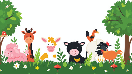 Cartoon farm animals with nature background flat vector