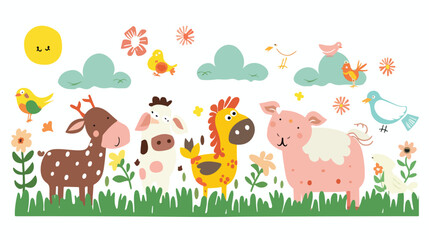Obraz na płótnie Canvas Cartoon farm animals with nature background flat vector
