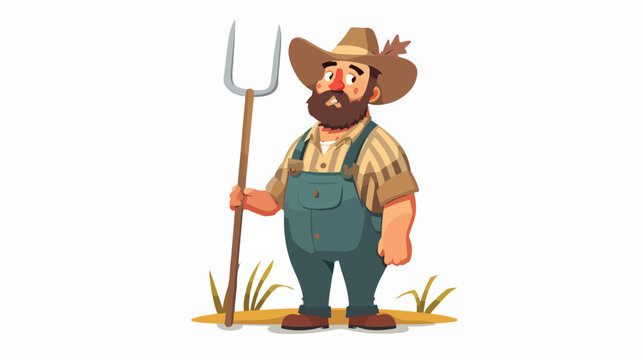 Cartoon farmer holding a pitchfork flat vector 