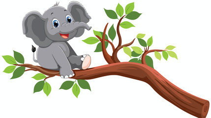 Cartoon funny elephant playing on a tree branch flat vector