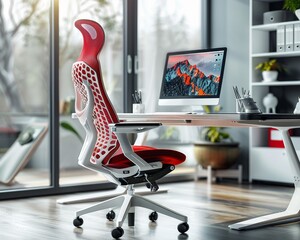 Ergonomic home office setup, adjustable furniture, posture support, bright, comfortable day , high-resolution