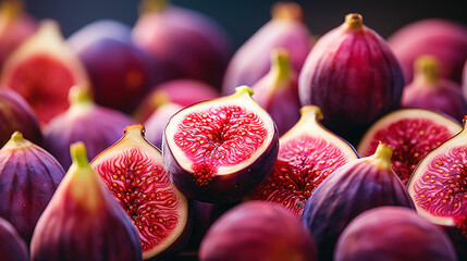 A scattering of juicy ripe figs. Beautiful bright background. Generative AI - obrazy, fototapety, plakaty