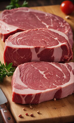 Fototapeta premium raw meat on a cutting board, with some herbs