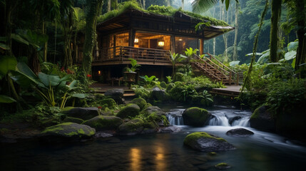 A 4K HDR adventure trip to a remote tropical rainforest, with a luxurious treehouse retreat and lush green canopy views. - Powered by Adobe