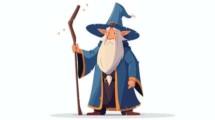 Cartoon old wizard holding magic stick flat vector 