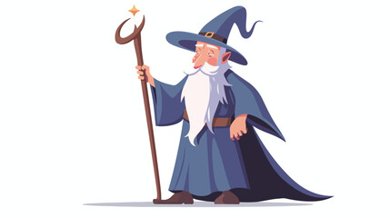 Cartoon old wizard holding magic stick flat vector 