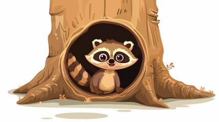 Cartoon raccoon sitting in hollow of a tree flat vector