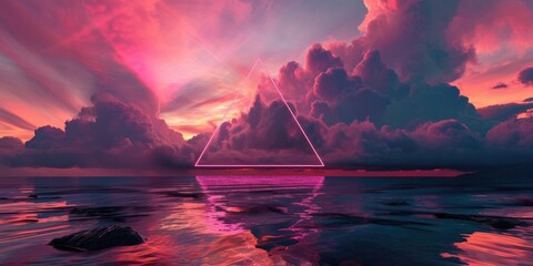 The great pinkish floating triangle beyond the ocean that surrounded with a lot amount of the tall cloud at the dawn or dusk time of the day that shine light to the every part of the picture. AIGX03.