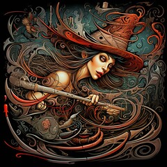 The energy and power of a witch on a broomstick depicted with dynamic lines and shapes that convey her swift movement