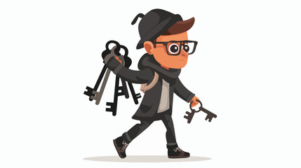 Fototapeta na wymiar Cartoon thief carrying a bunch of skeleton keys flat vector
