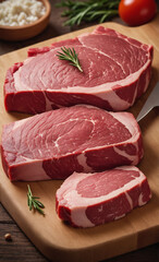 Fototapeta premium raw meat on a cutting board, with some herbs