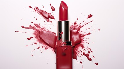 Red lipstick and lipstick stain smeared on white background - obrazy, fototapety, plakaty