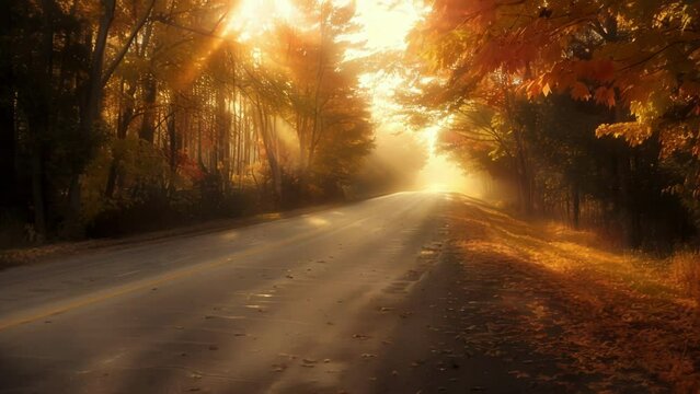 The suns rays filter through the treelined highway casting a warm golden glow upon the road. The vibrant colors of the changing leaves . AI generation.