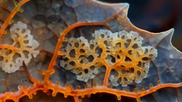 A highresolution image of a conidium spore settled on the surface of a leaf. The spore is surrounded by a halo of tiny branching filaments . AI generation.