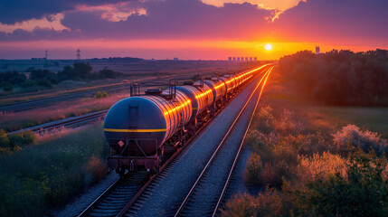 Fototapeta premium Fertilizer plant in an agricultural landscape at sunset. Railroad tanker cars stretched across the image. Night shot with lights on imposed on sunset background.