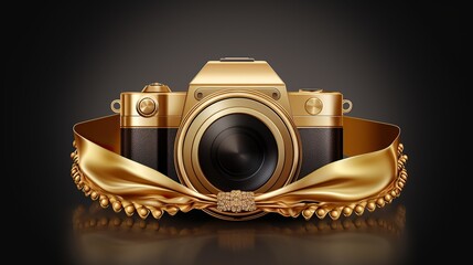 Gold colored camera view isolated on dark background in copy space - obrazy, fototapety, plakaty